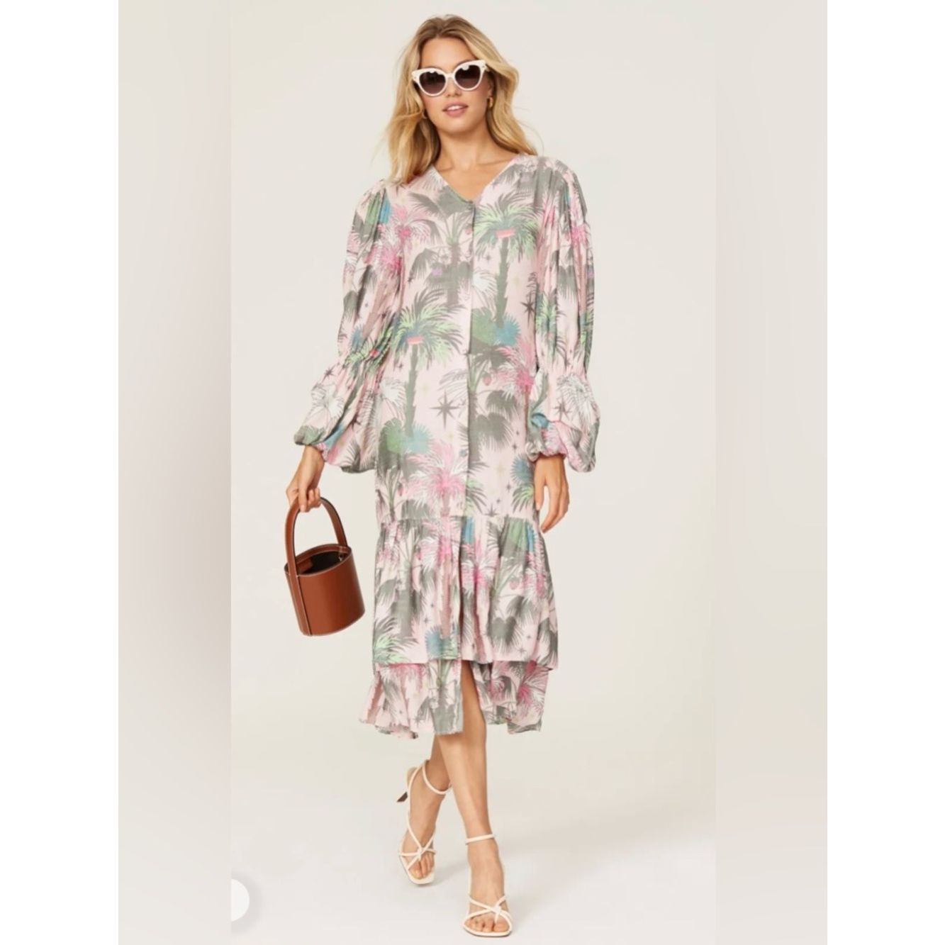 Loborosa Pink Floral Puffed Sleeves Dress